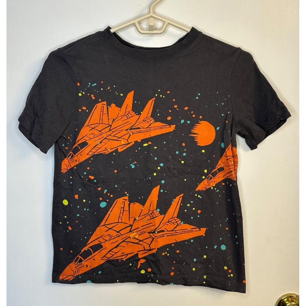 Hanna Andersson Size 130 Gray Short sleeved Fighter Jet Space Graphic T-Shirt